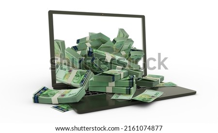 3D rendering of 100 Bulgarian lev notes coming out of a Laptop monitor isolated on white background. stacks of Bulgarian lev notes inside a laptop. money from computer, money from laptop Photo stock © 