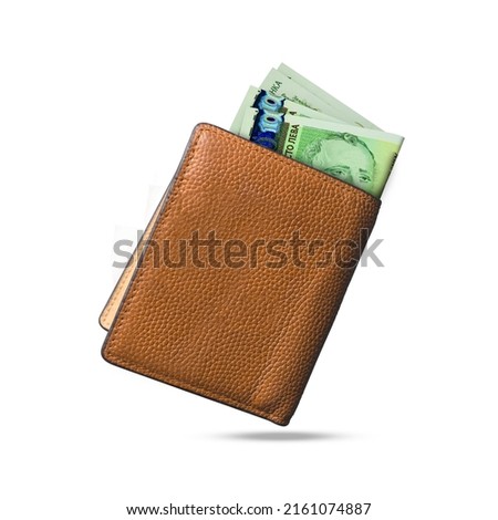 3D rendering of 100 Bulgarian lev notes popping out of a brown leather men’s wallet. Bulgarian lev in wallet Photo stock © 