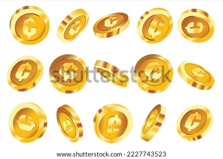 Vector illustration of set of abstract golden Ghanaian cedi coins concept in different angles and orientations. Currency sign on coin design in Scalable eps format