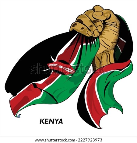 Fisted hand holding Kenyan flag. Vector illustration of lifted Hand grabbing flag. Flag draping around hand. Scalable Eps format	