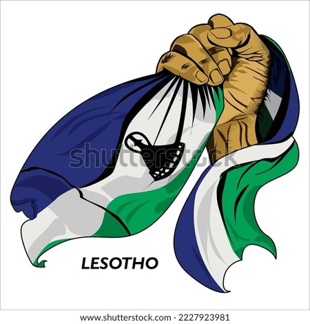 Fisted hand holding Lesotho flag. Vector illustration of lifted Hand grabbing flag. Flag draping around hand. Scalable Eps format	