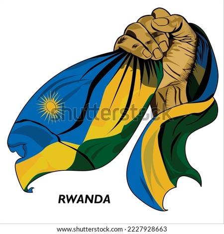 Fisted hand holding Rwandan flag. Vector illustration of lifted Hand grabbing flag. Flag draping around hand. Scalable Eps format	