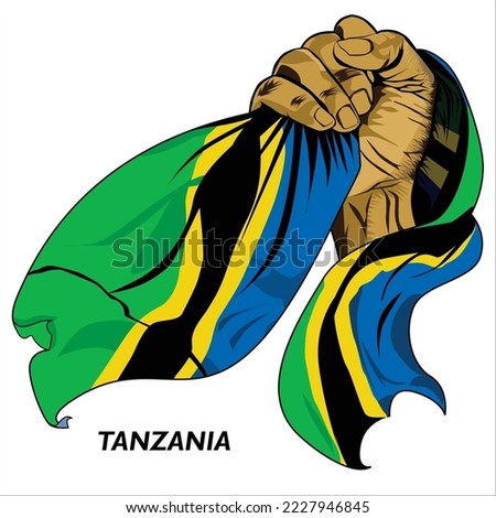 Fisted hand holding Tanzanian flag. Vector illustration of lifted Hand grabbing flag. Flag draping around hand. Scalable Eps format	
