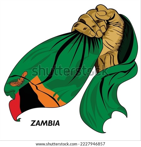 Fisted hand holding Zambian flag. Vector illustration of lifted Hand grabbing flag. Flag draping around hand. Scalable Eps format	