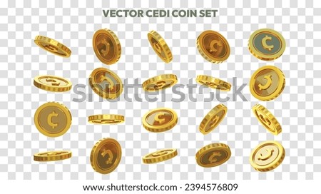 Vector illustration of set of abstract golden Ghanaian cedi coins in different angles and orientations. Currency sign on coin design in Scalable eps format