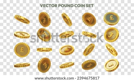 Vector illustration of set of abstract golden British pound coins in different angles and orientations. Currency sign on coin design in Scalable eps format