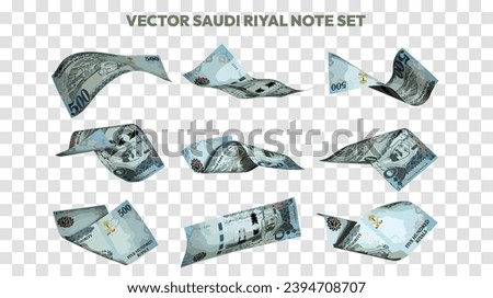 Vector illustration of set of Saudi riyal notes flying in different angles and orientations. Currency note design in Scalable eps format