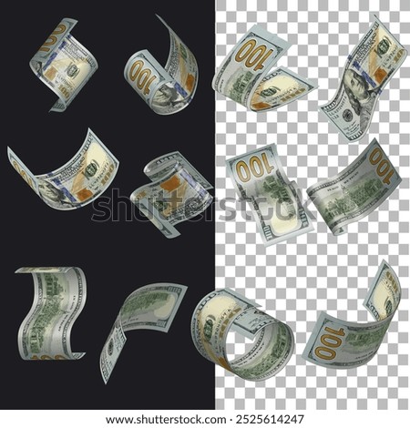 Vector illustration of set of US dollar notes flying in different angles and orientations. Currency note design in Scalable eps format