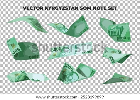 Vector illustration of set of 5000 Kyrgyzstani som notes flying in different angles and orientations. Currency note design in Scalable eps format