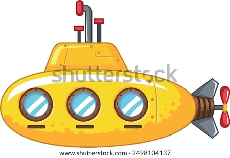 A cheerful yellow submarine with three round windows and a red propeller. It has a periscope and two red antennas on top.