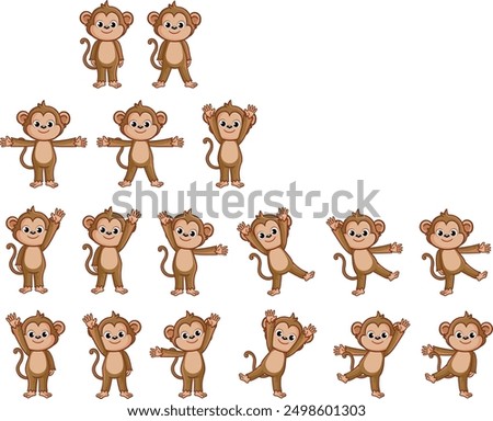 There are 15 cartoon monkeys in the picture. They are all brown and have different poses. Some are standing with arms raised or outstretched, while others are jumping and dancing.