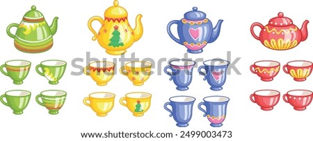 The picture shows four tea sets each with 3 cups and one teapot. Each set has a matching pattern and color on both cups and teapot. Colors are green, yellow, blue and red. 