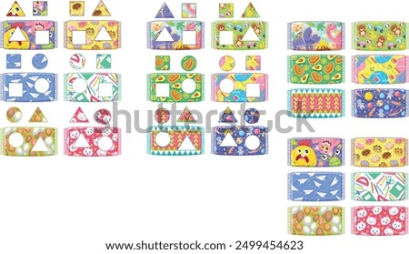 The image displays various colorful patterns of geometric shapes such as triangles, squares, and circles in different colors, sizes, and orientations. Additionally, there are playful images of dinosau