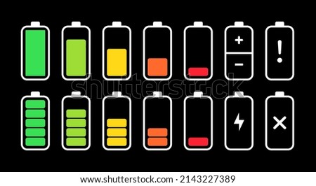 Battery charging point, charge indicator. Vector icon level Battery Energy powerfully full. Power low up status batteries logo. Charge level empty loading bar. Gadgets alkaline tags. Electric e bike