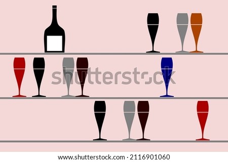 Vector wine glasses. Groups of wine glasses different color on shelf at counter bar and has one decanter placed at left corner on top shelf isolated with pink background.