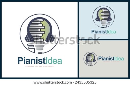 Pianist Idea light bulb headphone Piano tuts sign music studio label composer logo design template