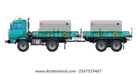 Heavy Truck with double containers filled with toxic waste, radioactive biological hazard vector illustration