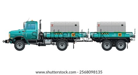 Heavy Truck with double containers filled with toxic waste, radioactive biological hazard vector illustration