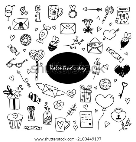 Hand drawn doodle Valentine's day cute set. Vector love cliparts. Outline. 