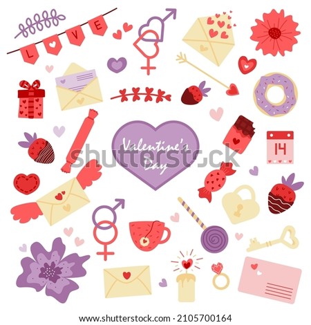 Vector cute Valentine's Day set. Romantic elements with hearts. Love cliparts.