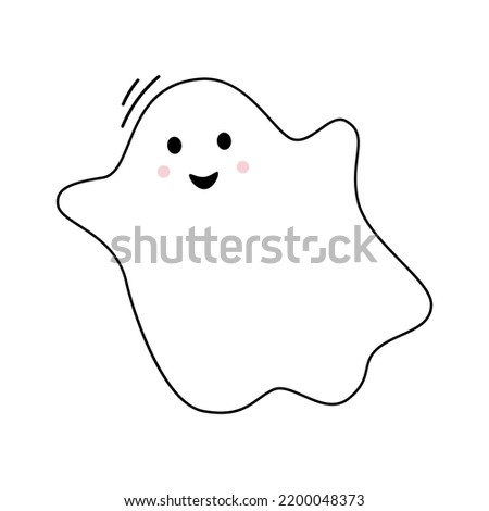 Vector with cute smiling ghost. Happy flying spirit in flat design. Outline phantom on white background. Doodle ghost. Halloween.
