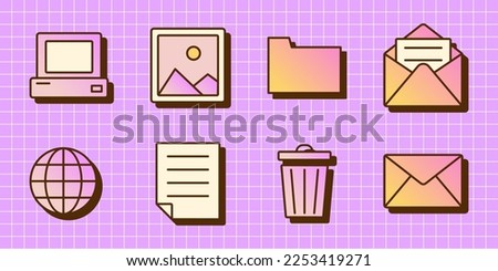Vector y2k set of computer gradient icons. Retro icons in pink, purple and yellow color. Nostalgic OS.