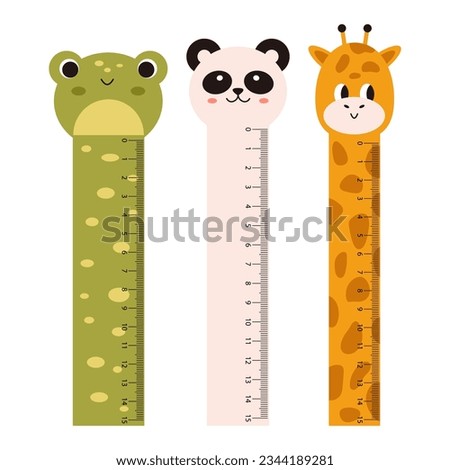 Vector cute measuring ruler set. School rulers with kawaii animals. Panda, frog and giraffe smiling face. Measuring tool collection. Student ruler with funny animal faces. Centimeter scales.