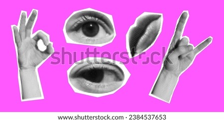 Vector set of retro halftone hands, lips and eyes. Halftone collage elements. Torn paper. Trendy vintage collection. Modern collage with paper cutout human parts on pink background.