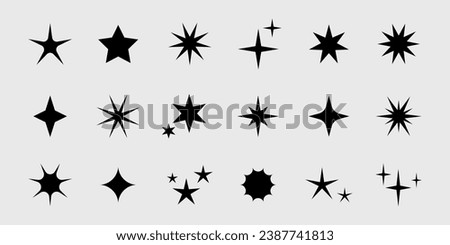 Vector retro set of futuristic sparkle star icons. Y2k abstract signs. Collection of star shapes. Abstract cool shine 70s 80s 90s design elements.