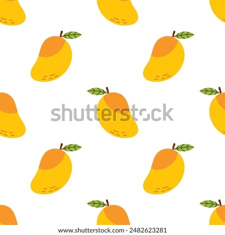 Vector seamless pattern with mango fruits. Summer tropical fruits on a white background. Wrapping or wallpaper design. Baby, kids, childish print with mango. Cute exotic summer food background.