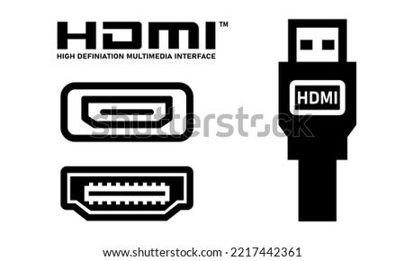 HDMI port icon and HDMI cable line icon on white white background.Vector illustration.