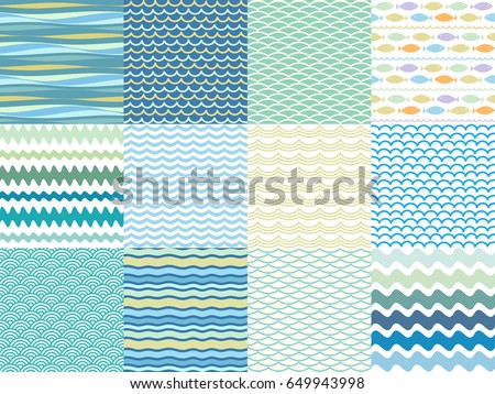 Set of twelve sea waves patterns. Vector seamless ocean wave backgrounds. Doodle hand drawn wavy ribbons, borders, brush lines, design elements collection.
