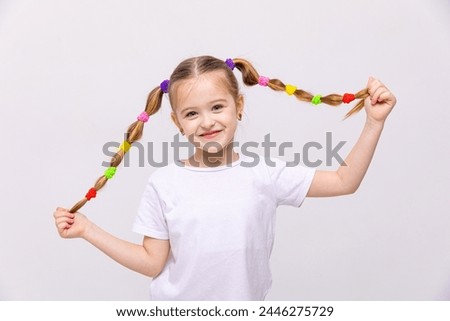 Similar – Image, Stock Photo happy kid girl in blue dress and straw walking on summer sunny meadow. Lifestyle shot, rural living and summer traveling concept