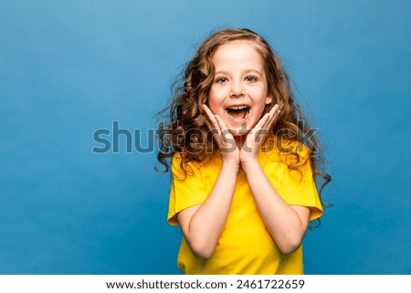 Similar – Image, Stock Photo happy kid girl in blue dress and straw walking on summer sunny meadow. Lifestyle shot, rural living and summer traveling concept