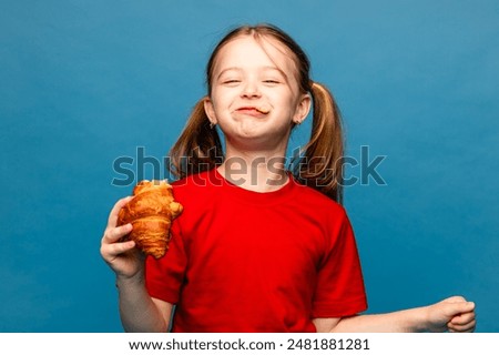 Image, Stock Photo portrait adorable child eating chocolate sponge cake