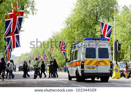LONDON, UK - APRIL 28, 2011: The Mall is decorated with Union Jack flags in preparation of the Royal Wedding to be held the day after on April 28, 2011 in London.