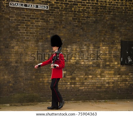 LONDON, UK - APRIL 20: A royal guard outside Clarence House where Prince William will spend the night before the royal wedding to be held on Friday 29th April, April 20, 2011 in London, United Kingdom