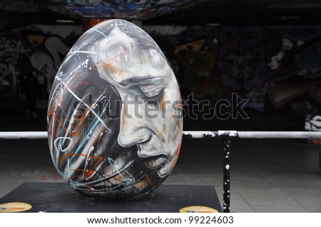 LONDON, UK - MARCH 18: Easter egg painted by David Walker for the Faberge Big Egg Hunt, on March 18, 2012 in London. Over 200 giant eggs are hidden across London raising money for charities.