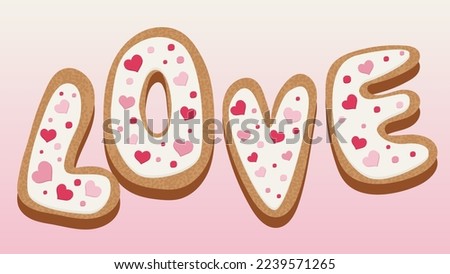 Cookies for valentine's day. The word love. Cute cookies with icing and hearts for the holiday. Suitable for backgrounds, wallpapers, stationery, postcards, various prints. Declaration of love. Valent
