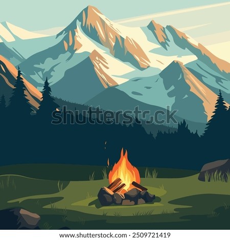 A minimalistic illustration of a mountain landscape with snow-capped peaks against the sky, dark silhouettes of fir trees and a bonfire in a glade in the foreground. Soft pastel colors were used.