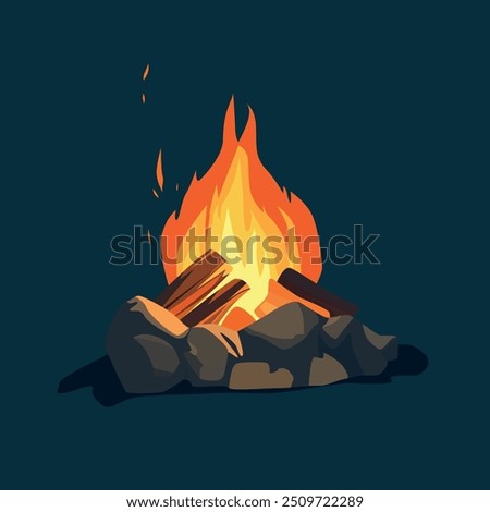 A vibrant campfire illustration featuring glowing flames and wooden logs surrounded by rocks. The image captures the warmth and coziness of a fire, set against a dark background