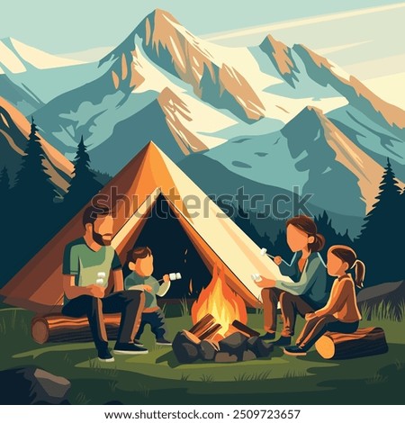 Vector illustration of a family camping in the mountains, sitting around a campfire near a tent, roasting marshmallows. Snow-capped peaks and pine trees are visible in the background.