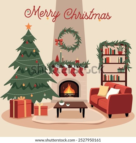 Cozy Christmas living room scene with a decorated tree, gifts, fireplace, stockings, and a wreath. A red couch and bookshelf add a festive touch, with Merry Christmas written above