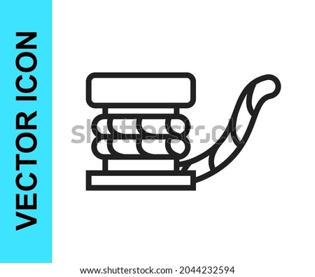 Black line Marine bollard with rope tied on pier icon isolated on white background.  Vector