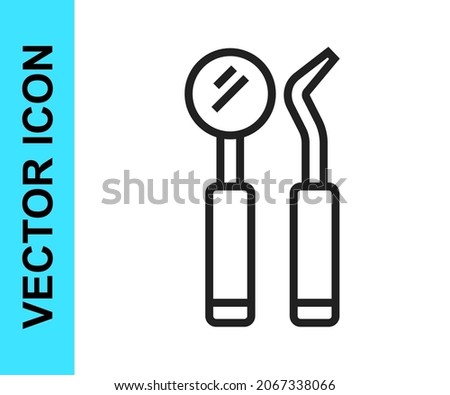 Black line Dental inspection mirror and probe icon isolated on white background. Explorer scaler. Tool dental checkup.  Vector