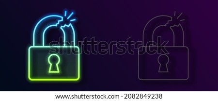 Glowing neon line Broken or cracked lock icon isolated on black background. Unlock sign.  Vector