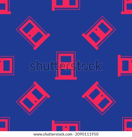 Red Closed door icon isolated seamless pattern on blue background.  Vector