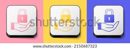 Isometric Lock icon isolated on pink, yellow and blue background. Padlock sign. Security, safety, protection, privacy concept. Square button. Vector