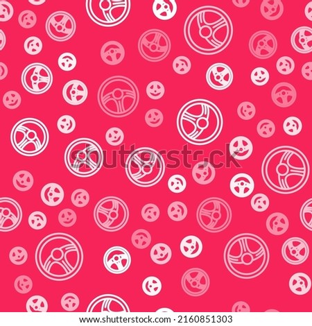 White line Racing steering wheel icon isolated seamless pattern on red background. Car wheel icon.  Vector