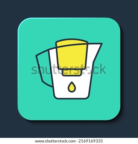 Filled outline Water jug with a filter icon isolated on blue background. Turquoise square button. Vector